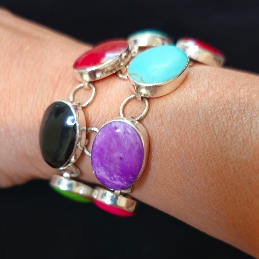 Multi Stone Silver Double Strand T Clasp Link Bracelet